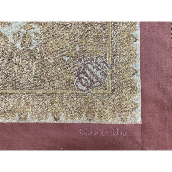 Christian Dior Square Wool Stole Tassel Scarf Tan and Pink - Picture 4 of 9